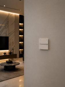 Madrid Scene Switch - Madrid Smart Scene Switch on a luxury living room wall with minimalist glass touch controls and LED backlighting.